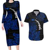 Pohnpei Federated States Of Micronesia Couples Matching Long Sleeve Bodycon Dress and Hawaiian Shirt Polynesian Tribal Heritage Art With Blue Island Tattoo Patterns