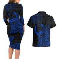 Pohnpei Federated States Of Micronesia Couples Matching Long Sleeve Bodycon Dress and Hawaiian Shirt Polynesian Tribal Heritage Art With Blue Island Tattoo Patterns