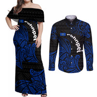 Pohnpei Federated States Of Micronesia Couples Matching Off Shoulder Maxi Dress and Long Sleeve Button Shirt Polynesian Tribal Heritage Art With Blue Island Tattoo Patterns