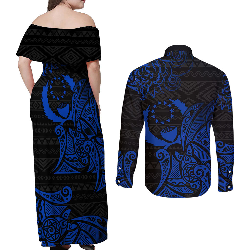 Pohnpei Federated States Of Micronesia Couples Matching Off Shoulder Maxi Dress and Long Sleeve Button Shirt Polynesian Tribal Heritage Art With Blue Island Tattoo Patterns