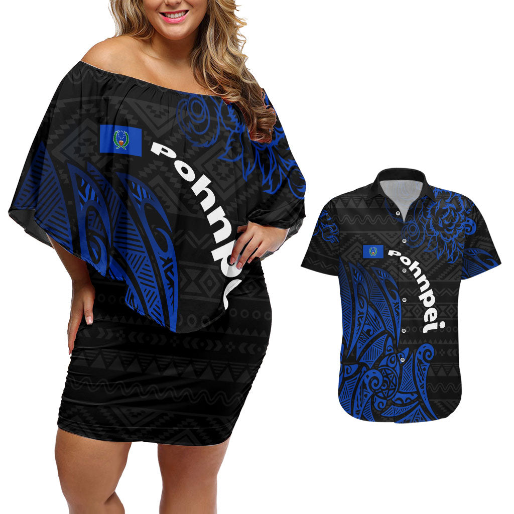 Pohnpei Federated States Of Micronesia Couples Matching Off Shoulder Short Dress and Hawaiian Shirt Polynesian Tribal Heritage Art With Blue Island Tattoo Patterns TS04 Black Blue - Polynesian Pride