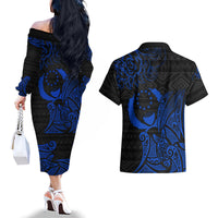Pohnpei Federated States Of Micronesia Couples Matching Off The Shoulder Long Sleeve Dress and Hawaiian Shirt Polynesian Tribal Heritage Art With Blue Island Tattoo Patterns