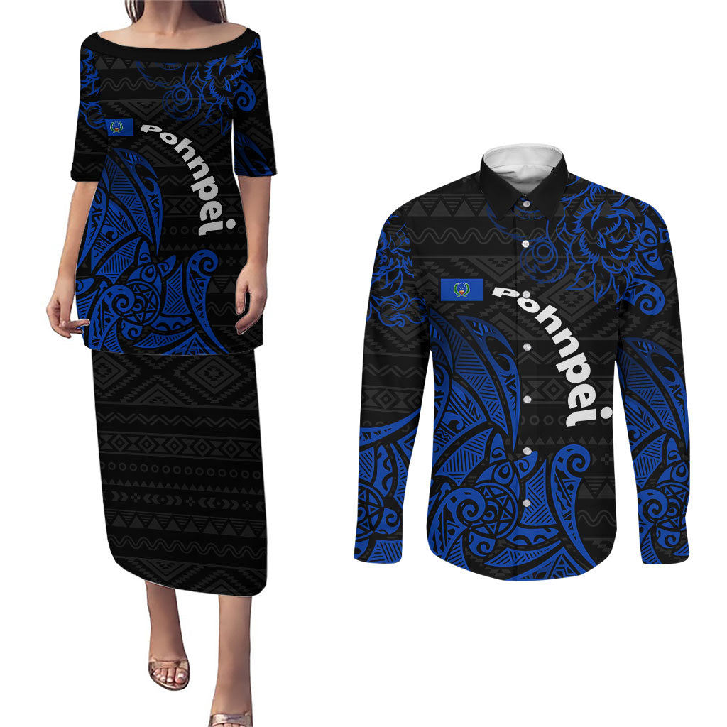 Pohnpei Federated States Of Micronesia Couples Matching Puletasi and Long Sleeve Button Shirt Polynesian Tribal Heritage Art With Blue Island Tattoo Patterns TS04 Black Blue - Polynesian Pride