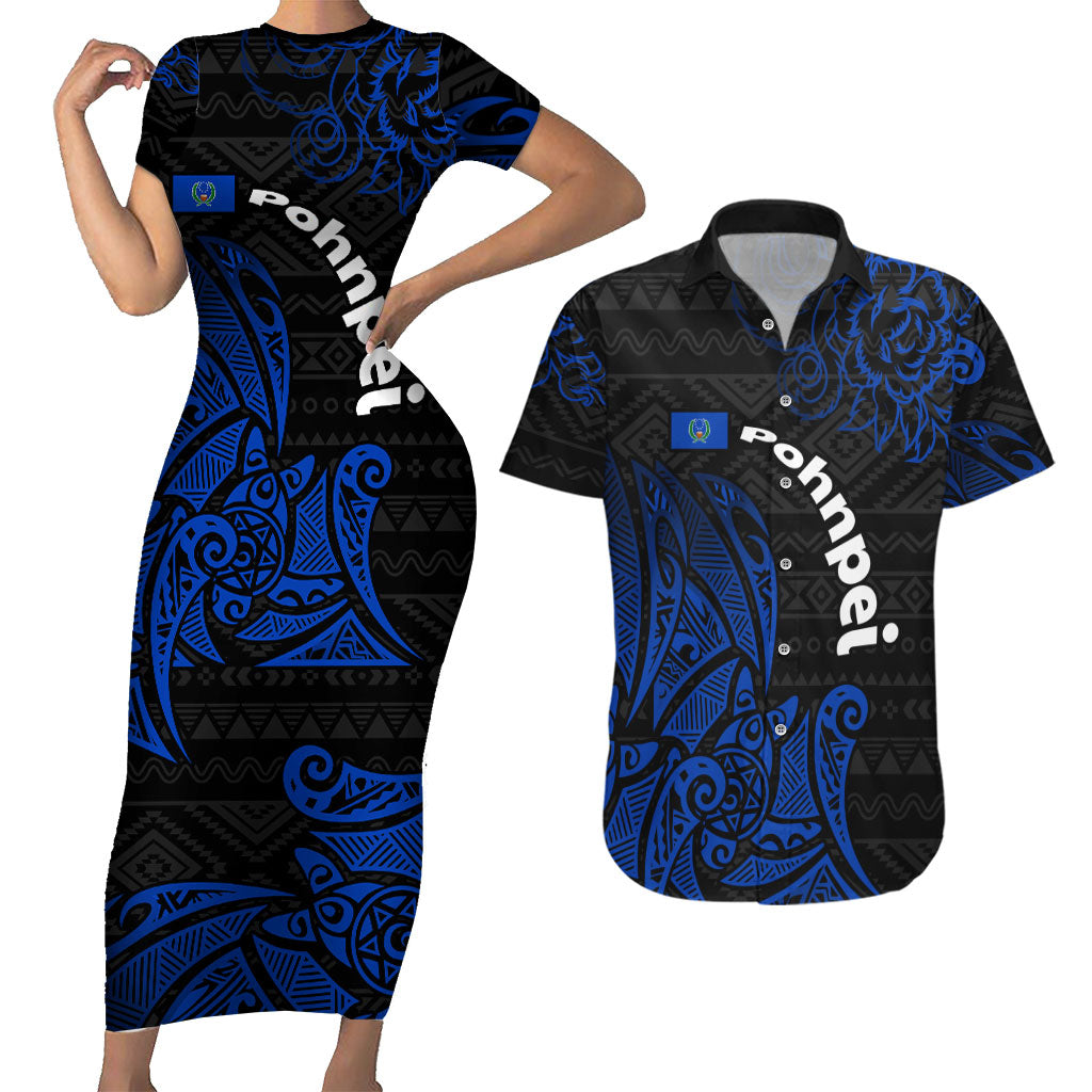 Pohnpei Federated States Of Micronesia Couples Matching Short Sleeve Bodycon Dress and Hawaiian Shirt Polynesian Tribal Heritage Art With Blue Island Tattoo Patterns TS04 Black Blue - Polynesian Pride