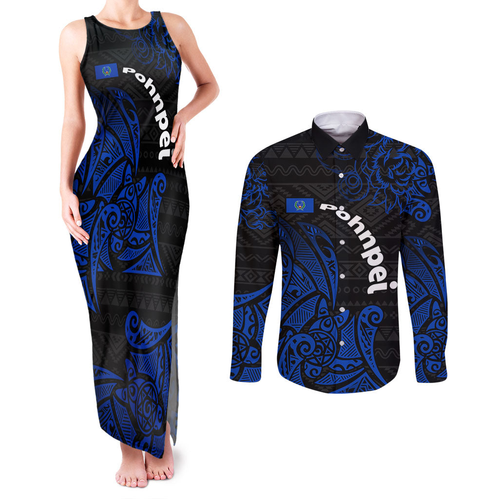 Pohnpei Federated States Of Micronesia Couples Matching Tank Maxi Dress and Long Sleeve Button Shirt Polynesian Tribal Heritage Art With Blue Island Tattoo Patterns