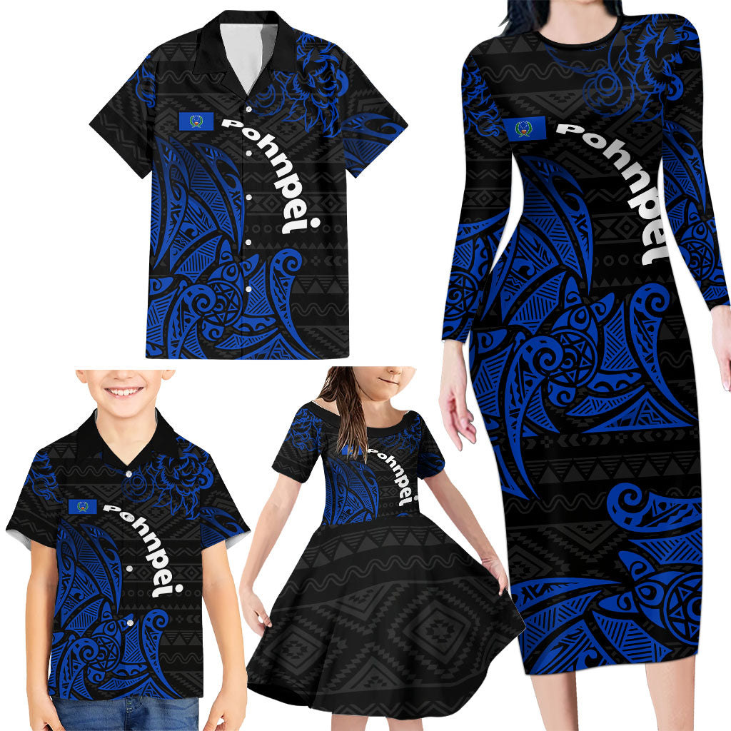 Pohnpei Federated States Of Micronesia Family Matching Long Sleeve Bodycon Dress and Hawaiian Shirt Polynesian Tribal Heritage Art With Blue Island Tattoo Patterns TS04 - Polynesian Pride