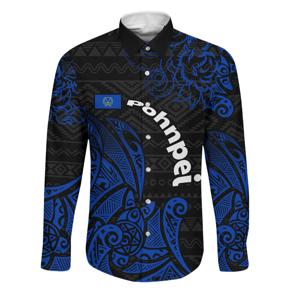 Pohnpei Federated States Of Micronesia Family Matching Off The Shoulder Long Sleeve Dress and Hawaiian Shirt Polynesian Tribal Heritage Art With Blue Island Tattoo Patterns