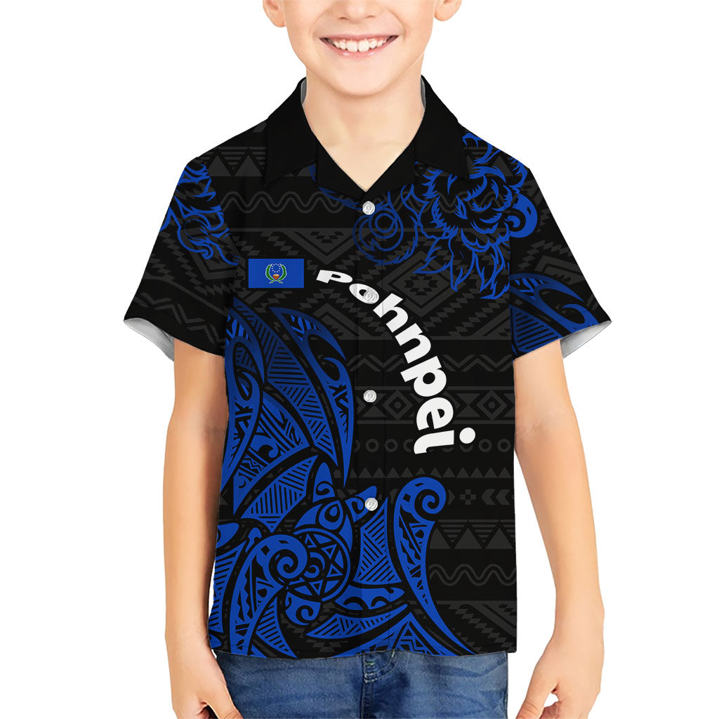 Pohnpei Federated States Of Micronesia Family Matching Off The Shoulder Long Sleeve Dress and Hawaiian Shirt Polynesian Tribal Heritage Art With Blue Island Tattoo Patterns