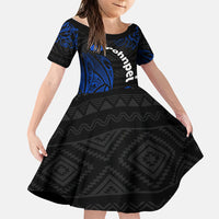 Pohnpei Federated States Of Micronesia Family Matching Off Shoulder Short Dress and Hawaiian Shirt Polynesian Tribal Heritage Art With Blue Island Tattoo Patterns