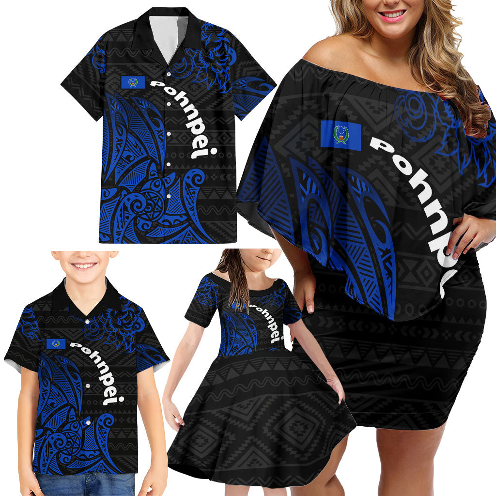 Pohnpei Federated States Of Micronesia Family Matching Off Shoulder Short Dress and Hawaiian Shirt Polynesian Tribal Heritage Art With Blue Island Tattoo Patterns TS04 - Polynesian Pride