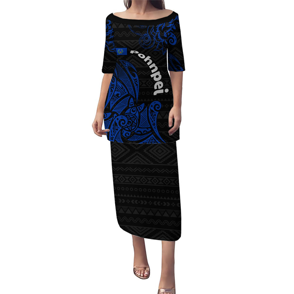 Pohnpei Federated States Of Micronesia Family Matching Puletasi and Hawaiian Shirt Polynesian Tribal Heritage Art With Blue Island Tattoo Patterns