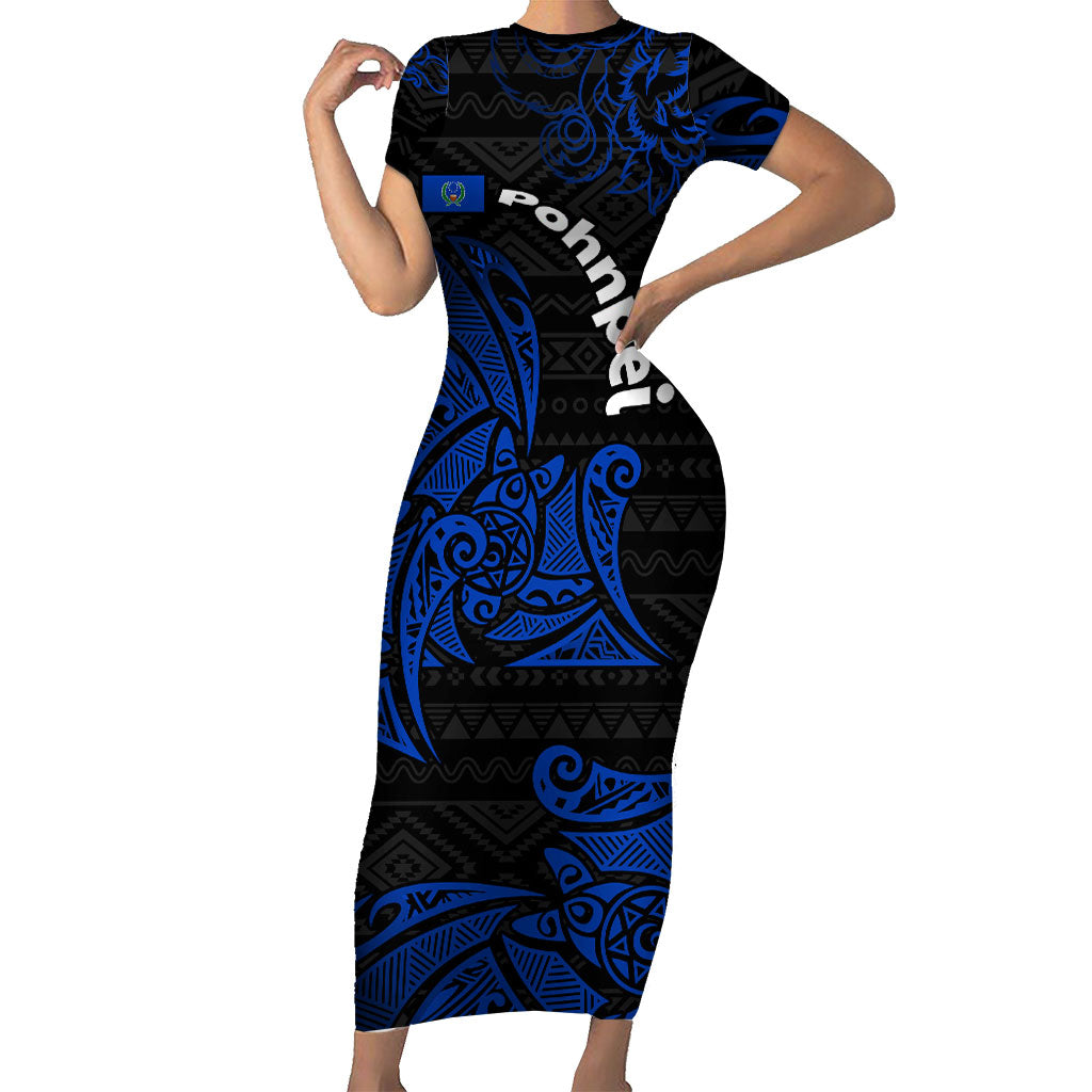 Pohnpei Federated States Of Micronesia Family Matching Short Sleeve Bodycon Dress and Hawaiian Shirt Polynesian Tribal Heritage Art With Blue Island Tattoo Patterns