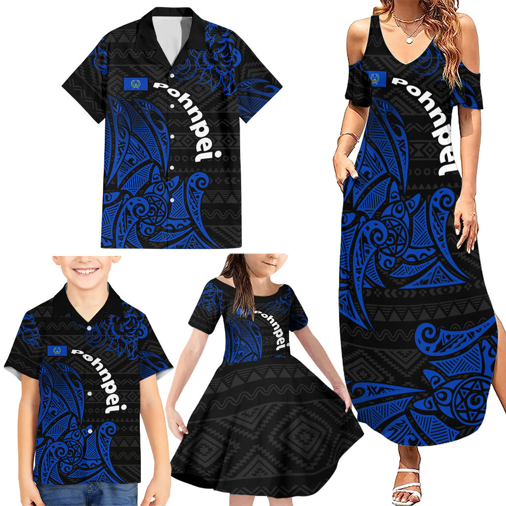 Pohnpei Federated States Of Micronesia Family Matching Summer Maxi Dress and Hawaiian Shirt Polynesian Tribal Heritage Art With Blue Island Tattoo Patterns TS04 - Polynesian Pride
