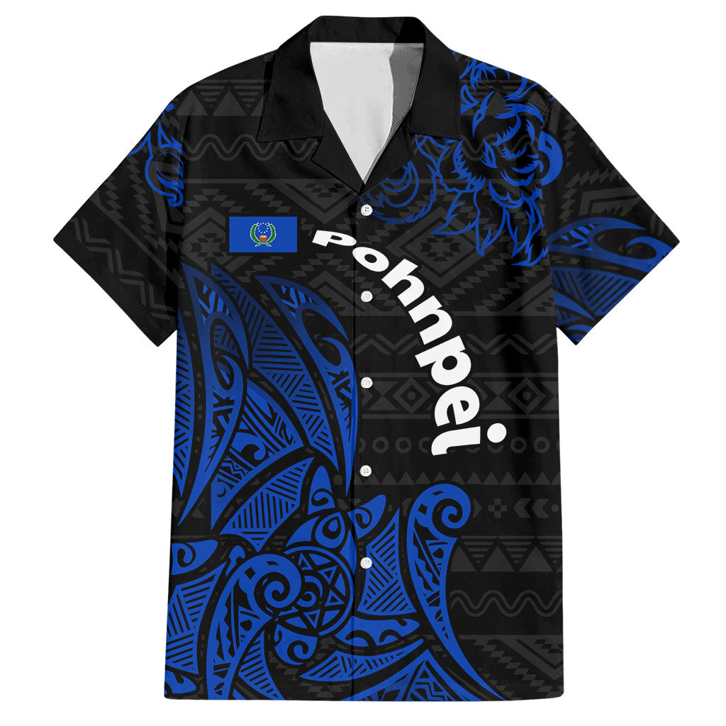 Pohnpei Federated States Of Micronesia Hawaiian Shirt Polynesian Tribal Heritage Art With Blue Island Tattoo Patterns TS04 Black Blue - Polynesian Pride