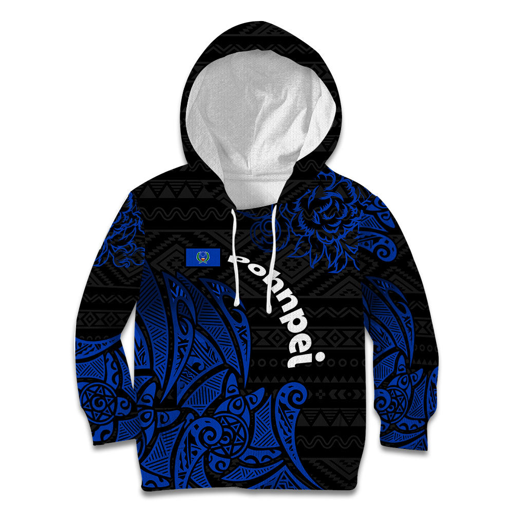 Pohnpei Federated States Of Micronesia Kid Hoodie Polynesian Tribal Heritage Art With Blue Island Tattoo Patterns TS04 Hoodie Black Blue - Polynesian Pride