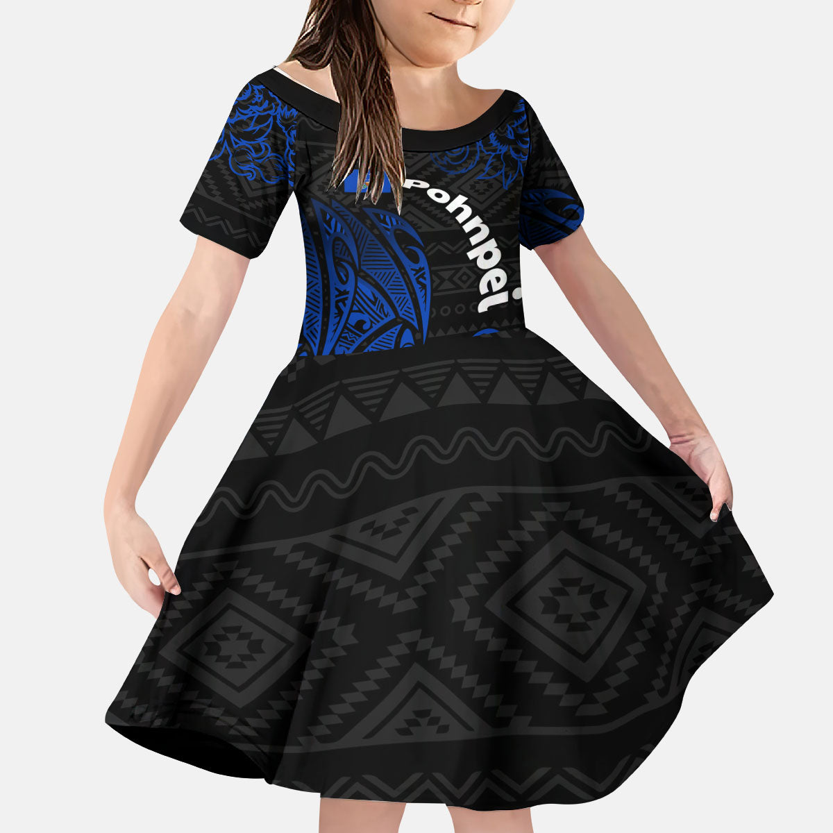 Pohnpei Federated States Of Micronesia Kid Short Sleeve Dress Polynesian Tribal Heritage Art With Blue Island Tattoo Patterns