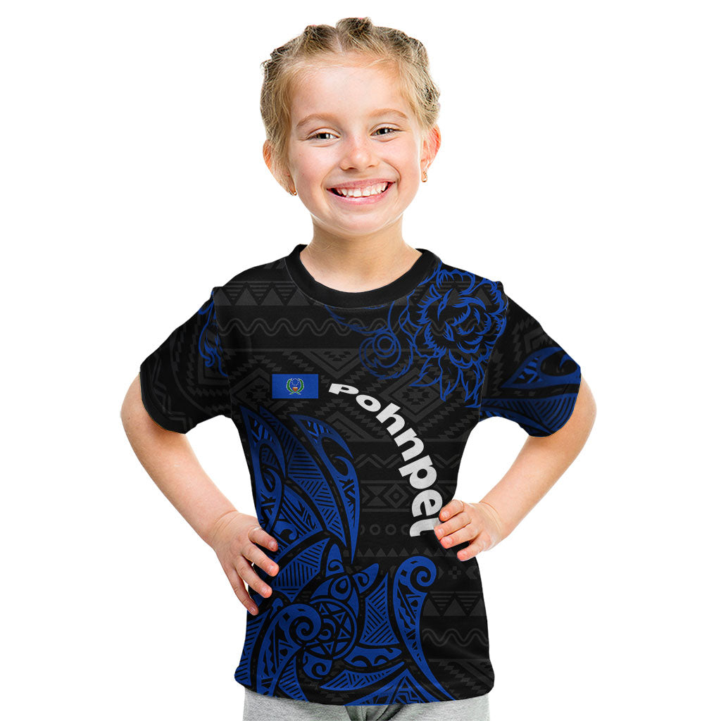 Pohnpei Federated States Of Micronesia Kid T Shirt Polynesian Tribal Heritage Art With Blue Island Tattoo Patterns TS04 Black Blue - Polynesian Pride