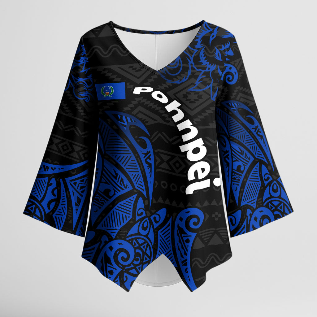 Pohnpei Federated States Of Micronesia Kimono Sleeve Blouse Polynesian Tribal Heritage Art With Blue Island Tattoo Patterns TS04 Female Black Blue - Polynesian Pride