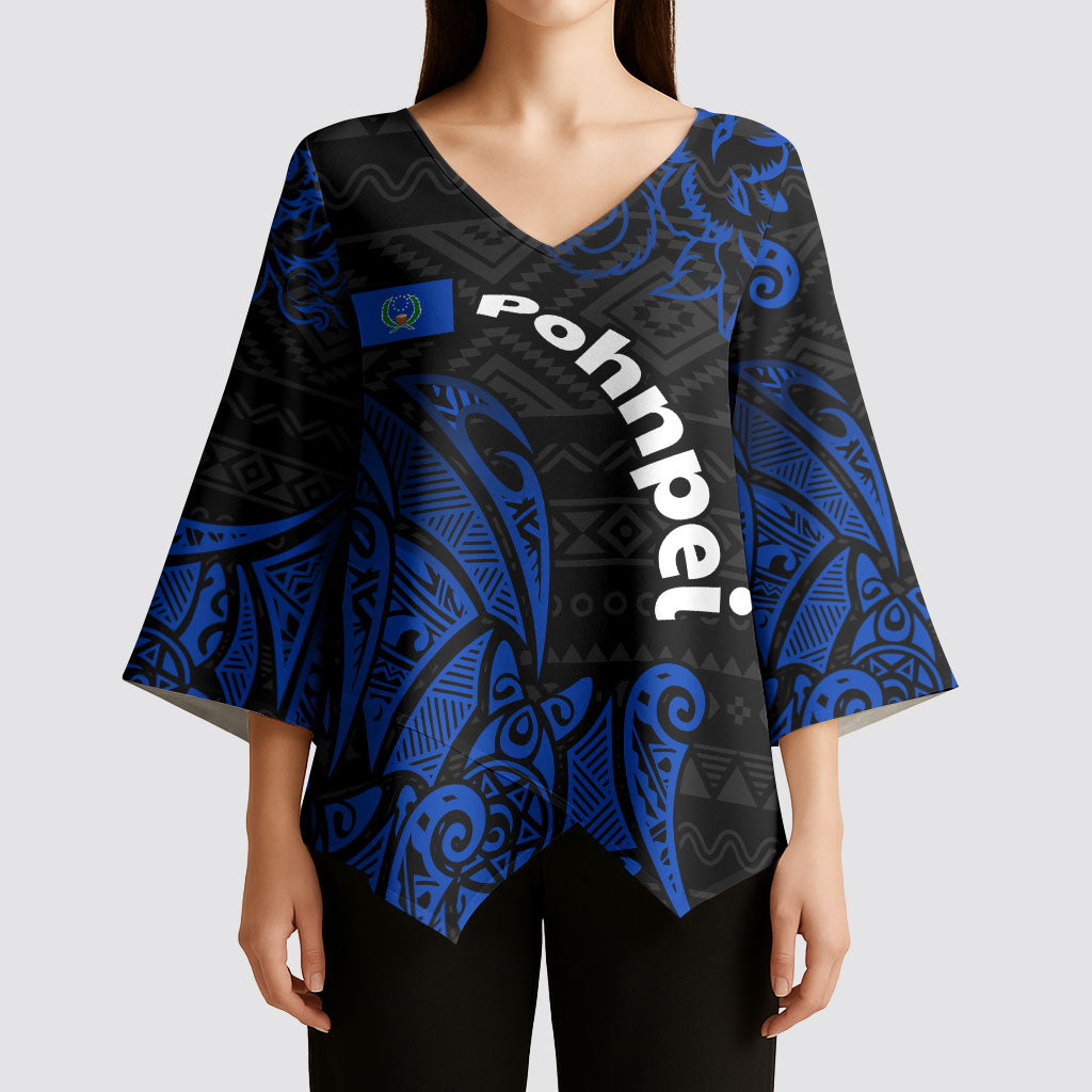 Pohnpei Federated States Of Micronesia Kimono Sleeve Blouse Polynesian Tribal Heritage Art With Blue Island Tattoo Patterns