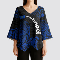 Pohnpei Federated States Of Micronesia Kimono Sleeve Blouse Polynesian Tribal Heritage Art With Blue Island Tattoo Patterns
