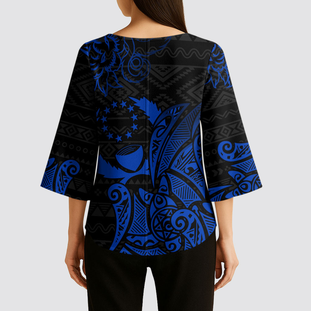 Pohnpei Federated States Of Micronesia Kimono Sleeve Blouse Polynesian Tribal Heritage Art With Blue Island Tattoo Patterns