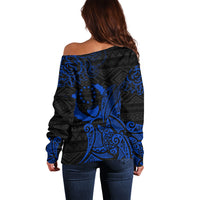 Pohnpei Federated States Of Micronesia Off Shoulder Sweater Polynesian Tribal Heritage Art With Blue Island Tattoo Patterns
