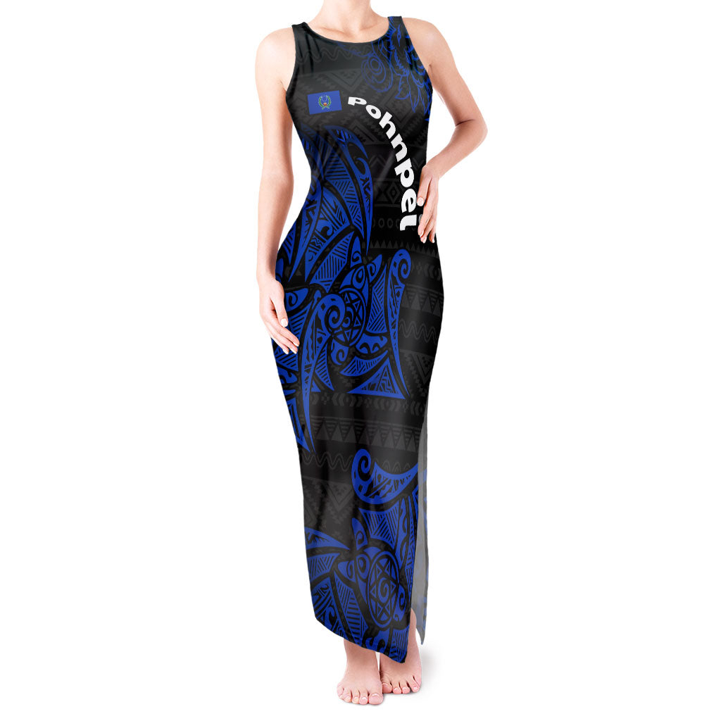 Pohnpei Federated States Of Micronesia Tank Maxi Dress Polynesian Tribal Heritage Art With Blue Island Tattoo Patterns TS04 Women Black Blue - Polynesian Pride