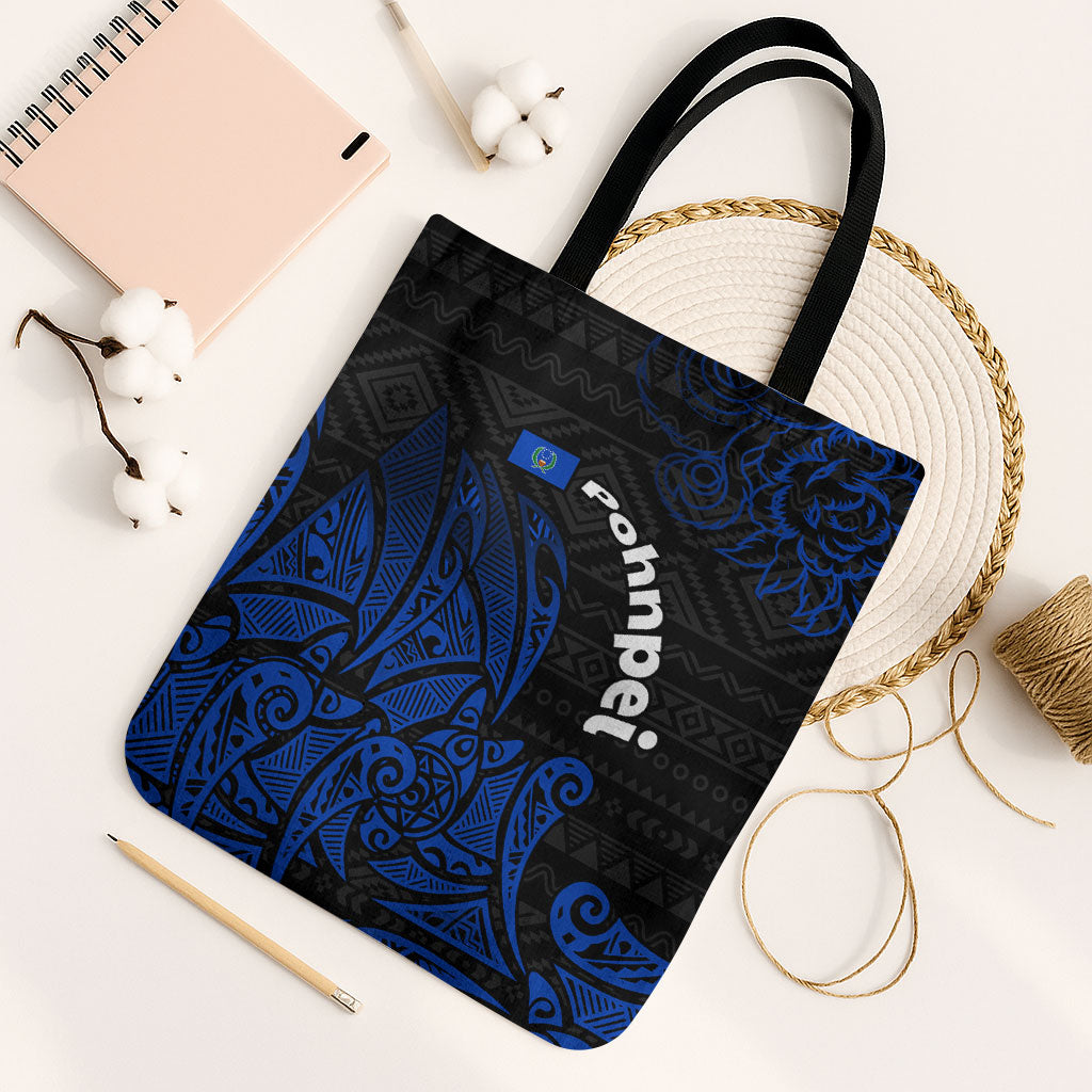 Pohnpei Federated States Of Micronesia Tote Bag Polynesian Tribal Heritage Art With Blue Island Tattoo Patterns TS04 Black Strap One Size Black Blue - Polynesian Pride
