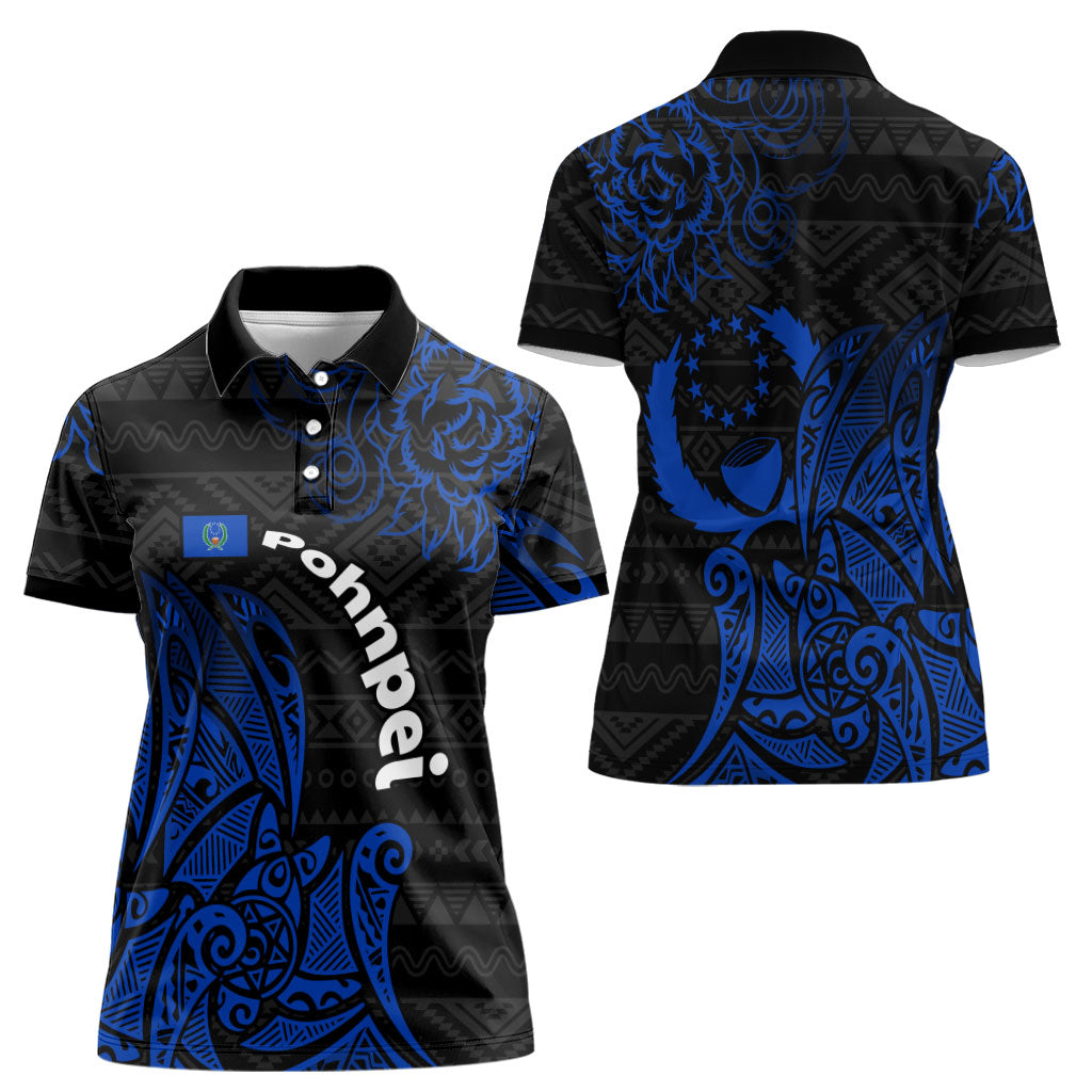 Pohnpei Federated States Of Micronesia Women Polo Shirt Polynesian Tribal Heritage Art With Blue Island Tattoo Patterns