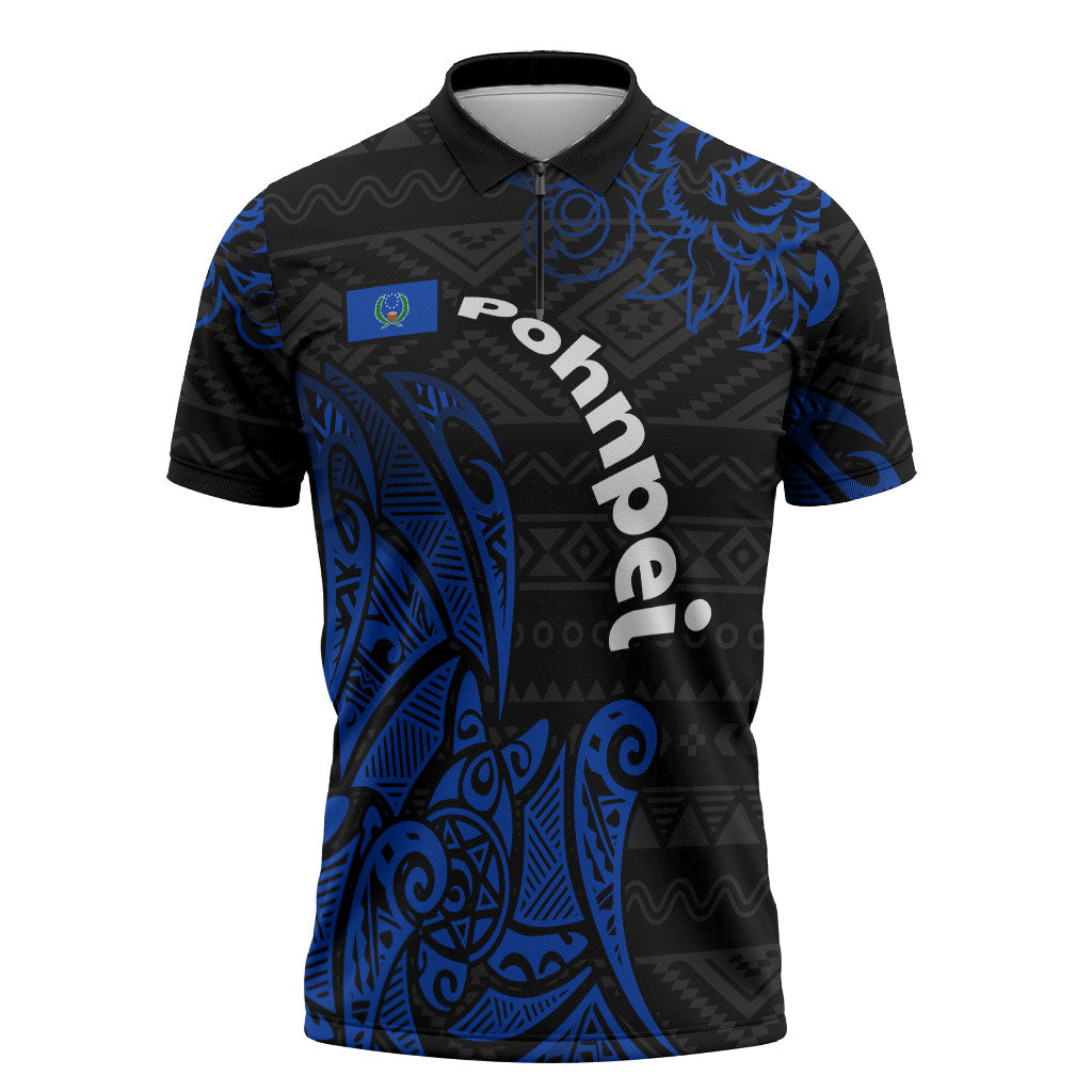 Pohnpei Federated States Of Micronesia Zipper Polo Shirt Polynesian Tribal Heritage Art With Blue Island Tattoo Patterns