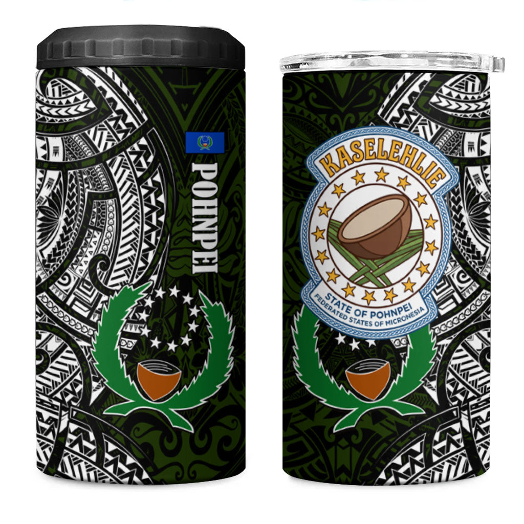 Pohnpei Federated States Of Micronesia 4 in 1 Can Cooler Tumbler Polynesian Tribal Heritage Art With Kaselehlie State Seal