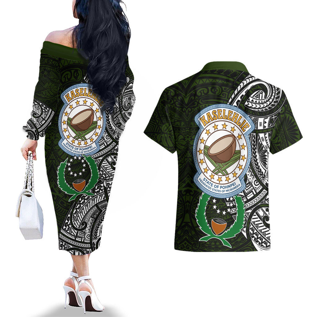 Pohnpei Federated States Of Micronesia Couples Matching Off The Shoulder Long Sleeve Dress and Hawaiian Shirt Polynesian Tribal Heritage Art With Kaselehlie State Seal