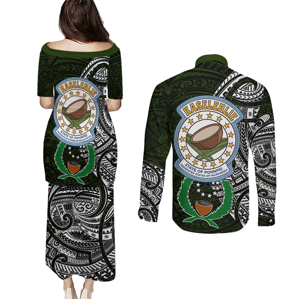 Pohnpei Federated States Of Micronesia Couples Matching Puletasi and Long Sleeve Button Shirt Polynesian Tribal Heritage Art With Kaselehlie State Seal