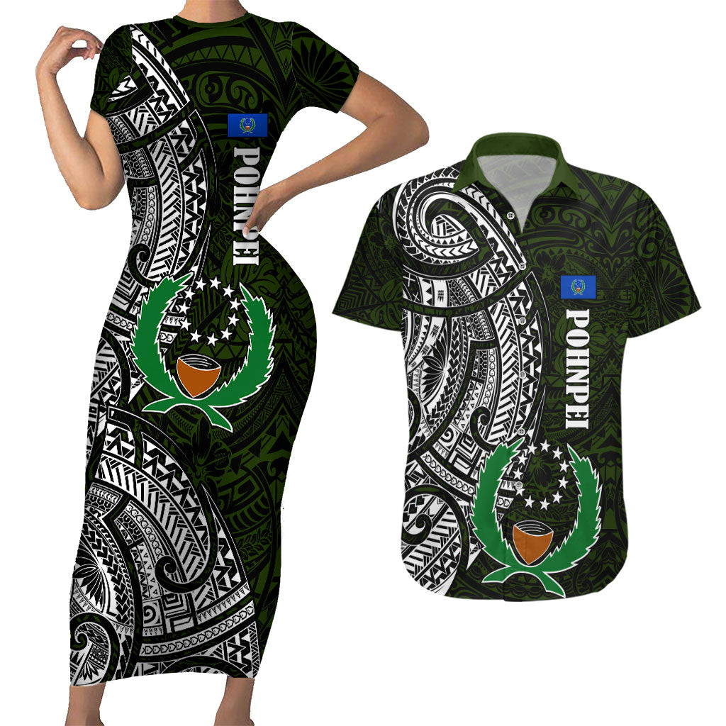 Pohnpei Federated States Of Micronesia Couples Matching Short Sleeve Bodycon Dress and Hawaiian Shirt Polynesian Tribal Heritage Art With Kaselehlie State Seal