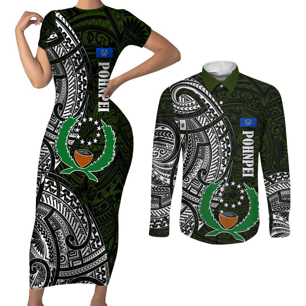 Pohnpei Federated States Of Micronesia Couples Matching Short Sleeve Bodycon Dress and Long Sleeve Button Shirt Polynesian Tribal Heritage Art With Kaselehlie State Seal