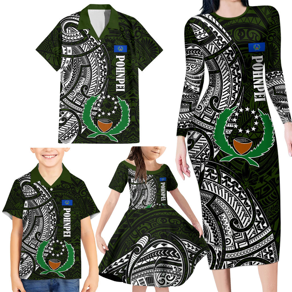 Pohnpei Federated States Of Micronesia Family Matching Long Sleeve Bodycon Dress and Hawaiian Shirt Polynesian Tribal Heritage Art With Kaselehlie State Seal