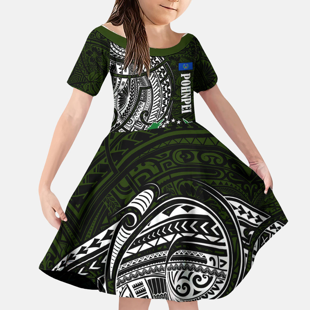 Pohnpei Federated States Of Micronesia Family Matching Off The Shoulder Long Sleeve Dress and Hawaiian Shirt Polynesian Tribal Heritage Art With Kaselehlie State Seal