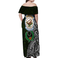 Pohnpei Federated States Of Micronesia Family Matching Off Shoulder Maxi Dress and Hawaiian Shirt Polynesian Tribal Heritage Art With Kaselehlie State Seal