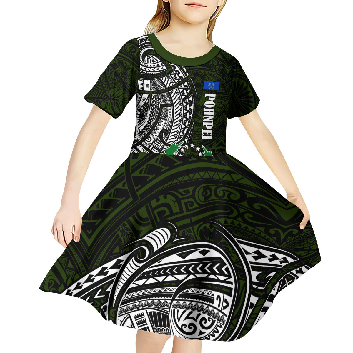 Pohnpei Federated States Of Micronesia Kid Short Sleeve Dress Polynesian Tribal Heritage Art With Kaselehlie State Seal
