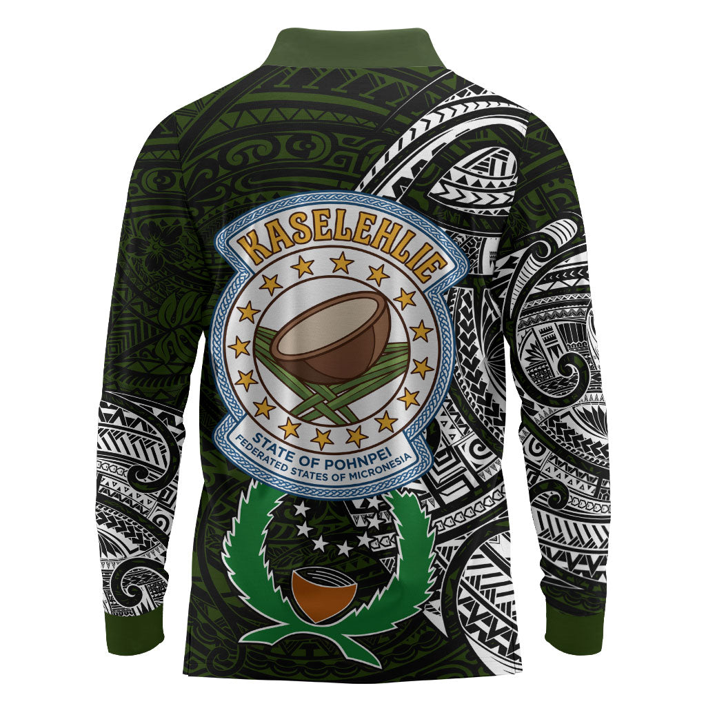 Pohnpei Federated States Of Micronesia Long Sleeve Polo Shirt Polynesian Tribal Heritage Art With Kaselehlie State Seal
