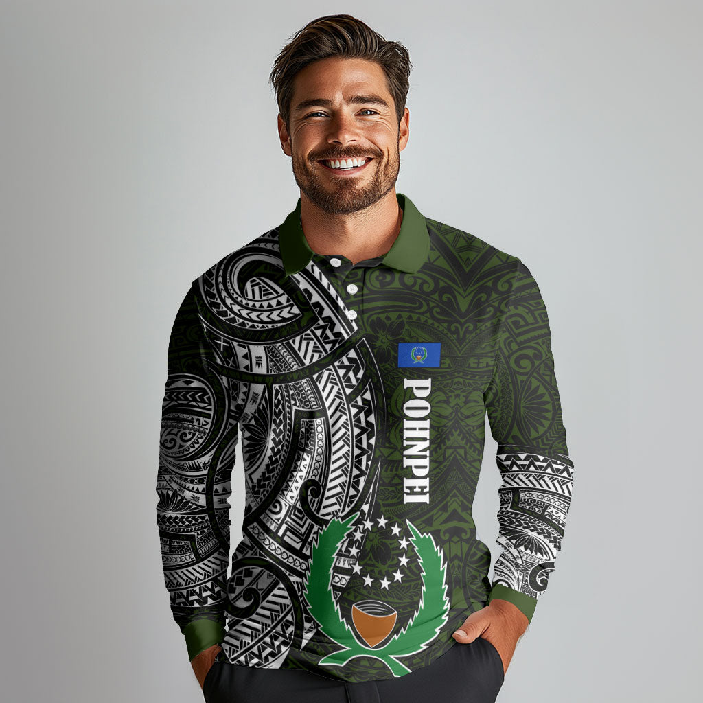 Pohnpei Federated States Of Micronesia Long Sleeve Polo Shirt Polynesian Tribal Heritage Art With Kaselehlie State Seal