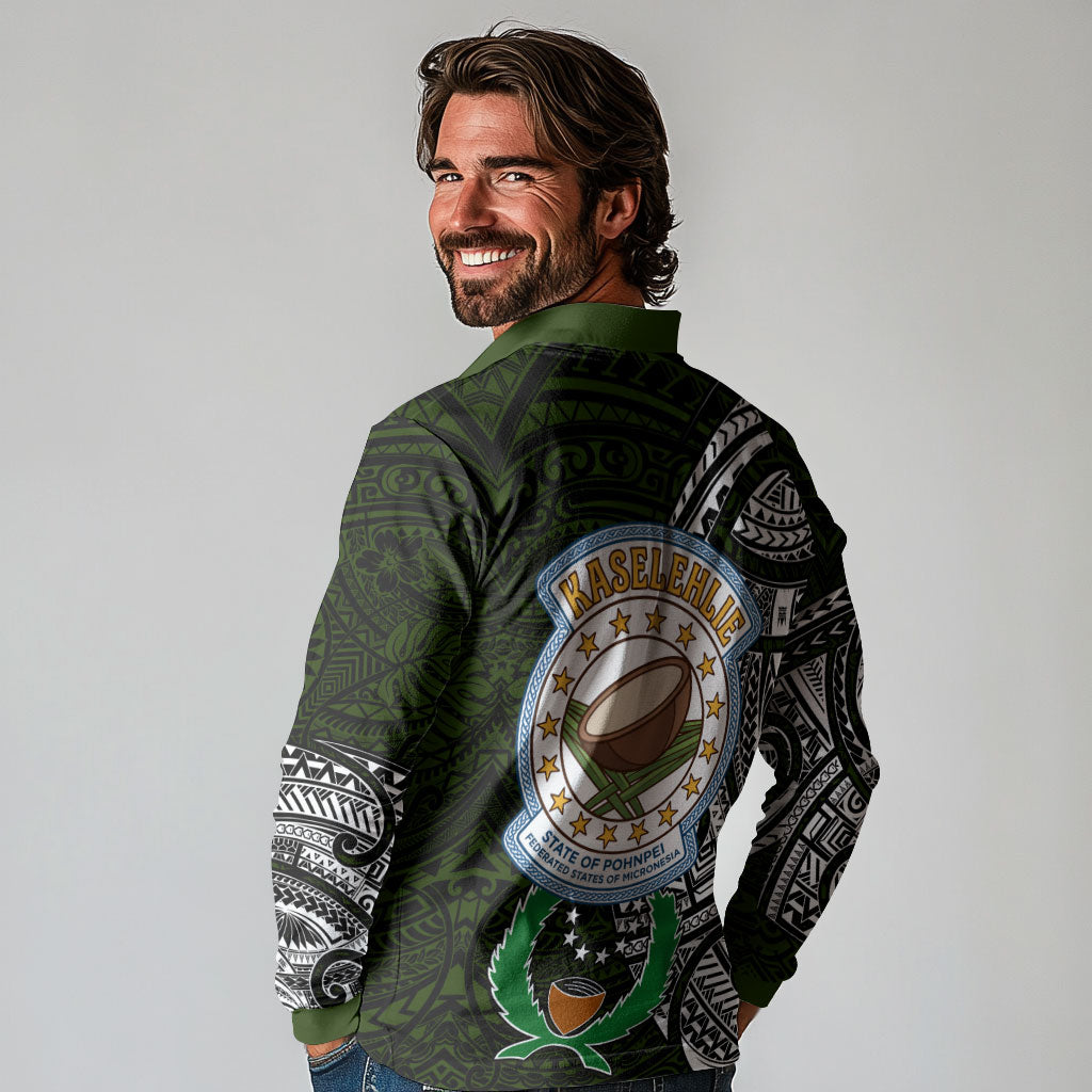 Pohnpei Federated States Of Micronesia Long Sleeve Polo Shirt Polynesian Tribal Heritage Art With Kaselehlie State Seal