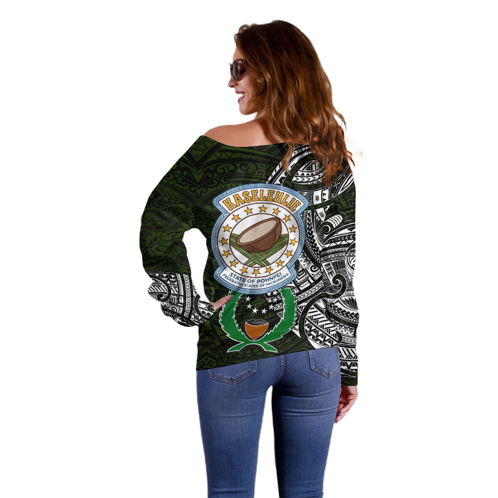 Pohnpei Federated States Of Micronesia Off Shoulder Sweater Polynesian Tribal Heritage Art With Kaselehlie State Seal