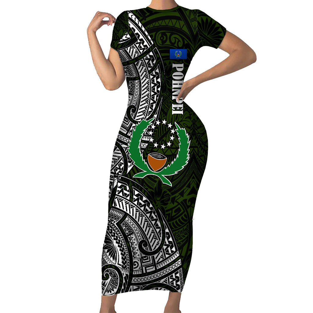 Pohnpei Federated States Of Micronesia Short Sleeve Bodycon Dress Polynesian Tribal Heritage Art With Kaselehlie State Seal