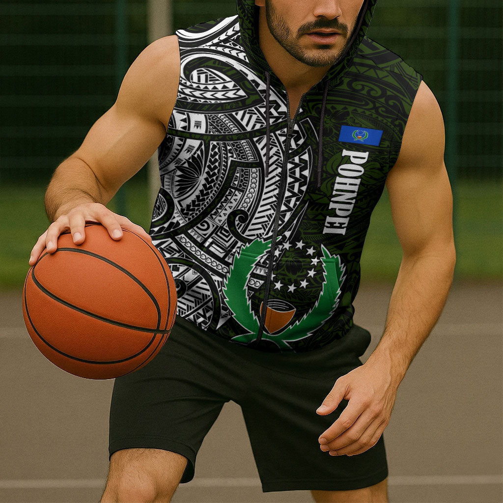 Pohnpei Federated States Of Micronesia Sleeveless Zip Hoodie Polynesian Tribal Heritage Art With Kaselehlie State Seal