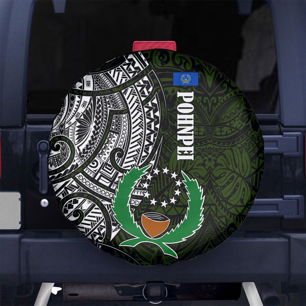 Pohnpei Federated States Of Micronesia Spare Tire Cover Polynesian Tribal Heritage Art With Kaselehlie State Seal TS04 No hole Green White - Polynesian Pride