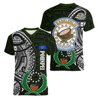 Pohnpei Federated States Of Micronesia Women V-Neck T-Shirt Polynesian Tribal Heritage Art With Kaselehlie State Seal