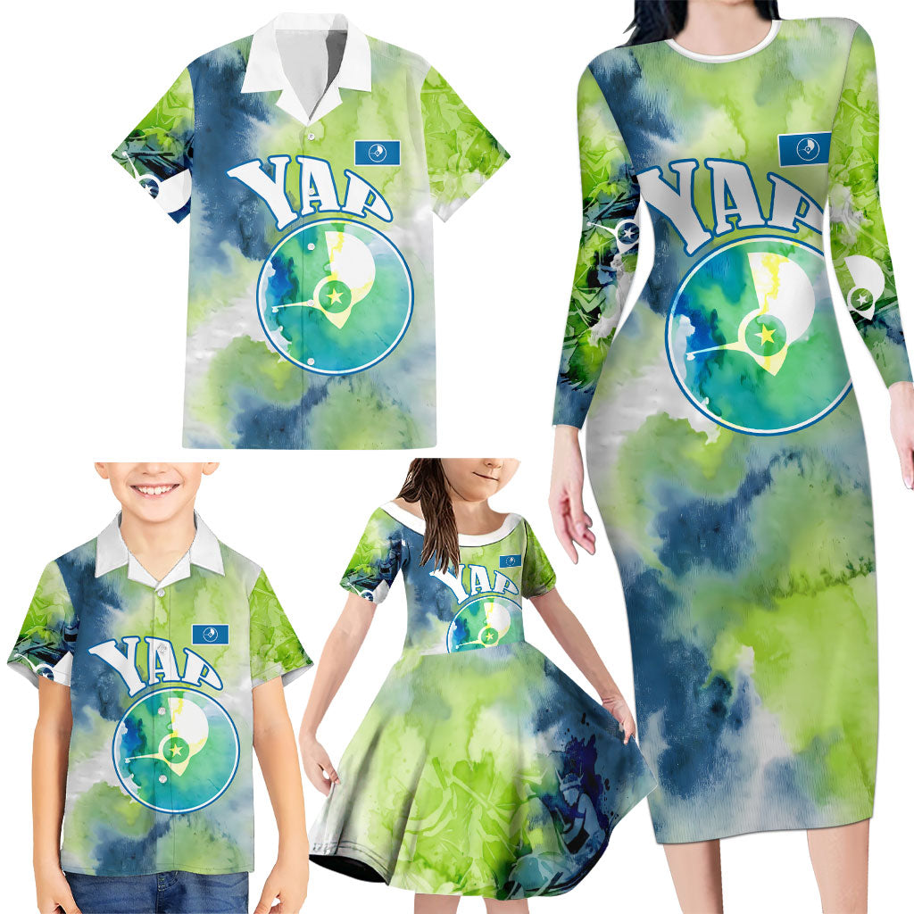 Yap Island Heritage Cultural Symbol Family Matching Long Sleeve Bodycon Dress and Hawaiian Shirt Micronesian Flag Stone Money Watercolor Abstract Art Design TS04 - Polynesian Pride