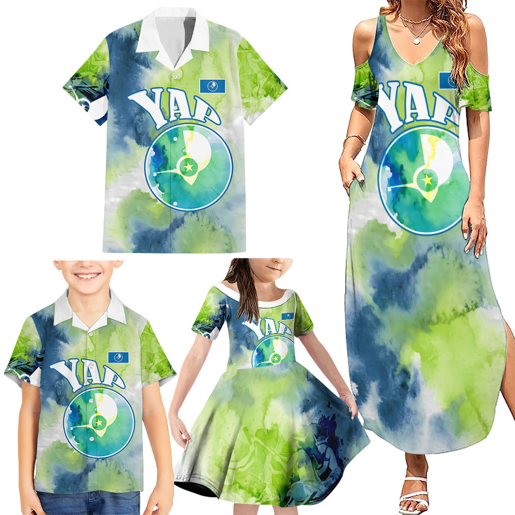 Yap Island Heritage Cultural Symbol Family Matching Summer Maxi Dress and Hawaiian Shirt Micronesian Flag Stone Money Watercolor Abstract Art Design TS04 - Polynesian Pride