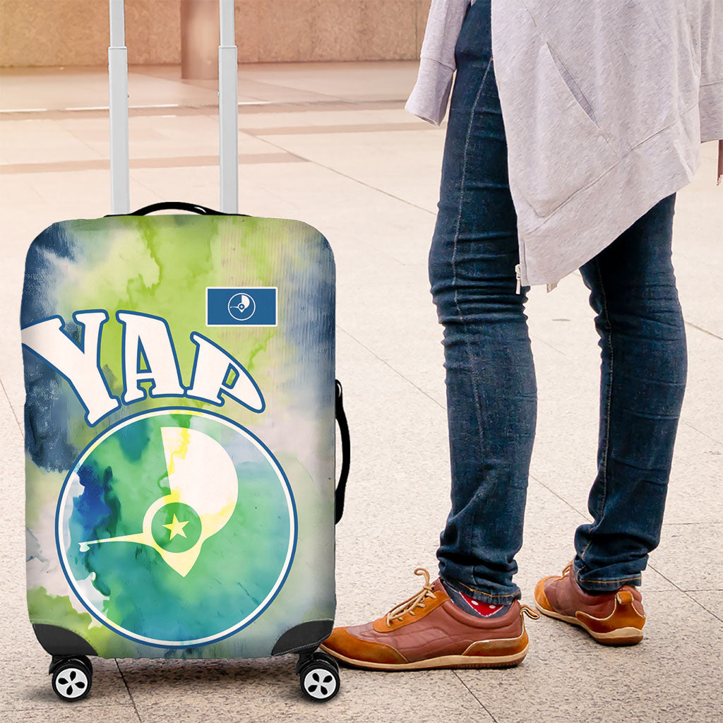 Yap Island Heritage Cultural Symbol Luggage Cover Micronesian Flag Stone Money Watercolor Abstract Art Design TS04 Green Blue - Polynesian Pride